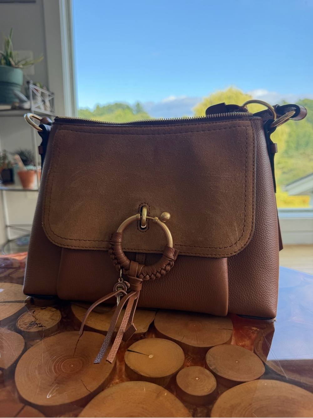 See By Chloé Brown Suede and Leather Shoulder Bag with Ring Tassel